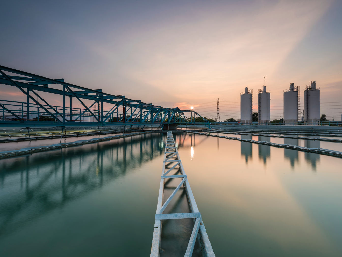 Water treatment plant at sunset